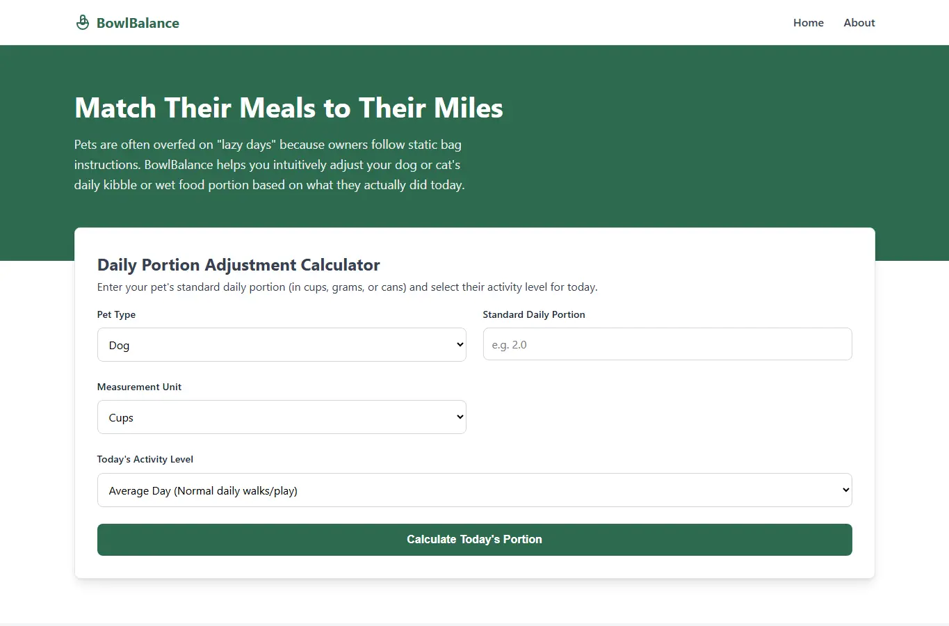 Screenshot of BowlBalance: Active Pet Calorie Tool interface showing the project page in use